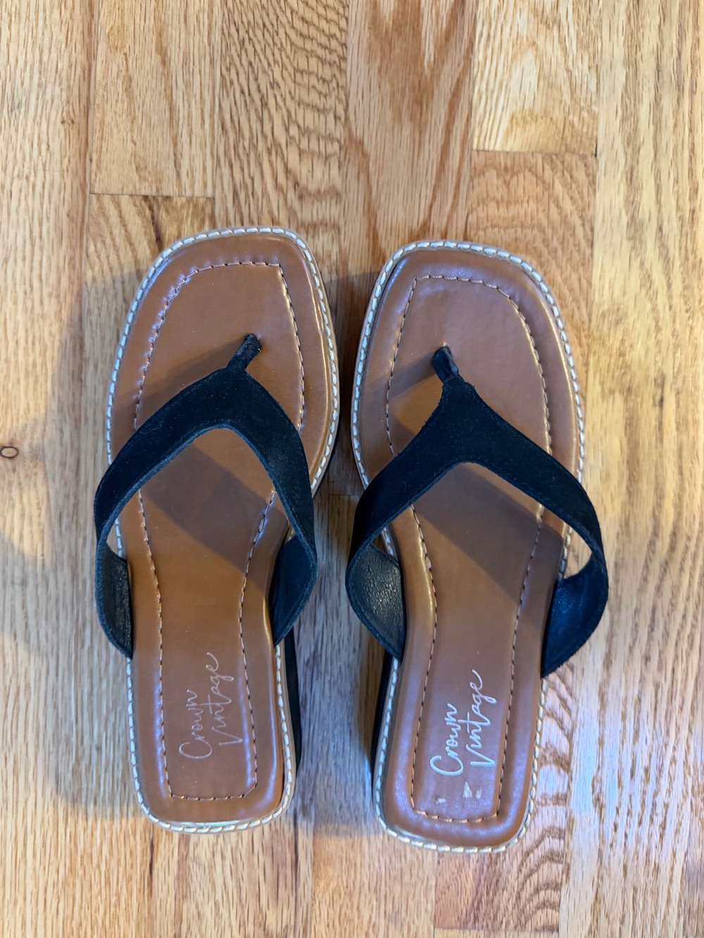 Crown Vintage Black Suede Thong Sandals with Tan Footbed